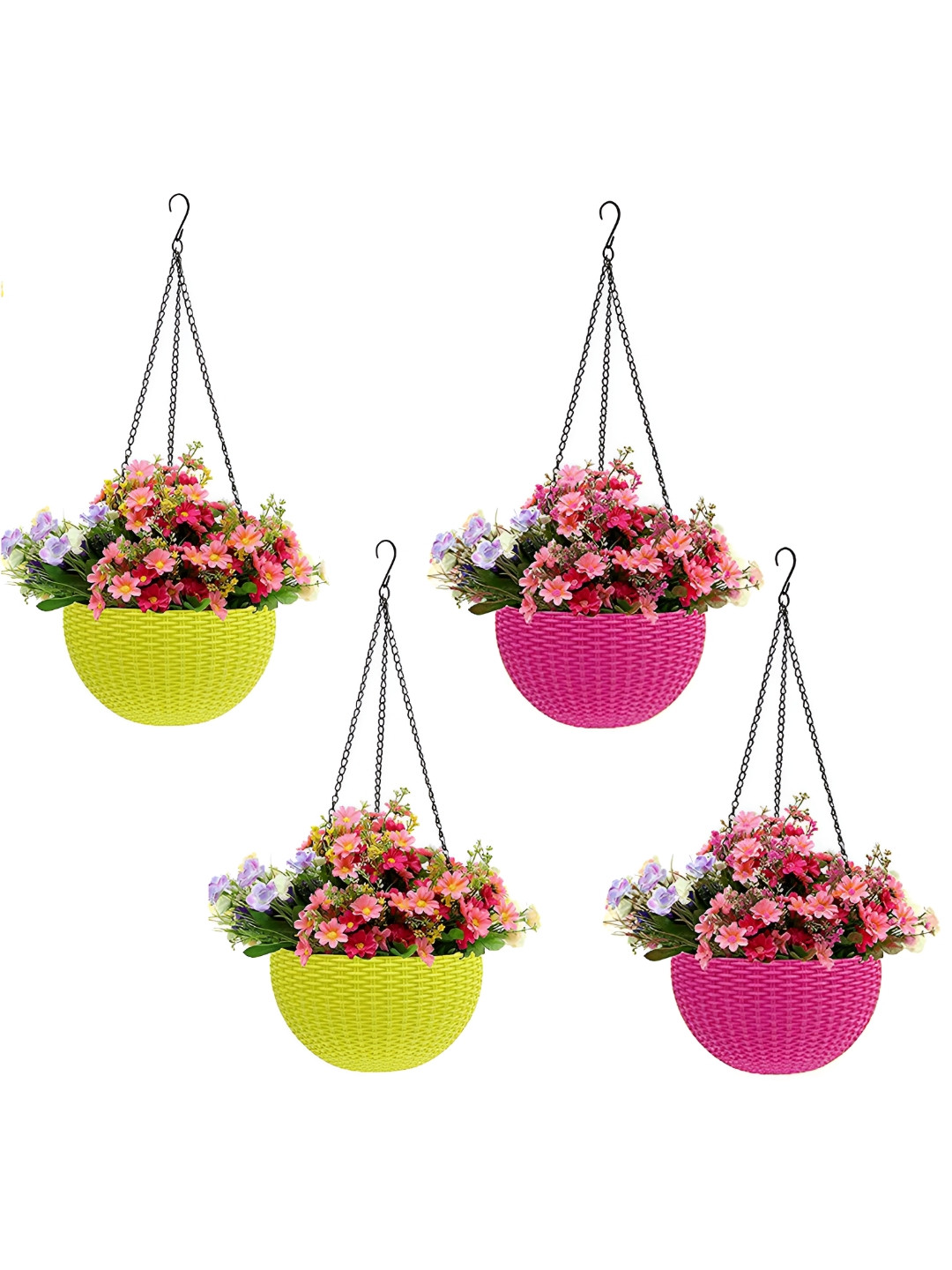

AGAMI 4-Pcs Yellow & Pink Woven Design Hanging Planters With Chain