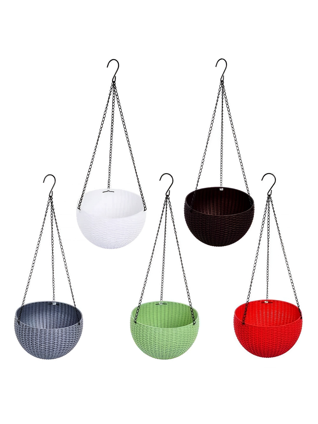 

AGAMI 5-Pcs Green & White Woven Design Hanging Flower Planters With Chain