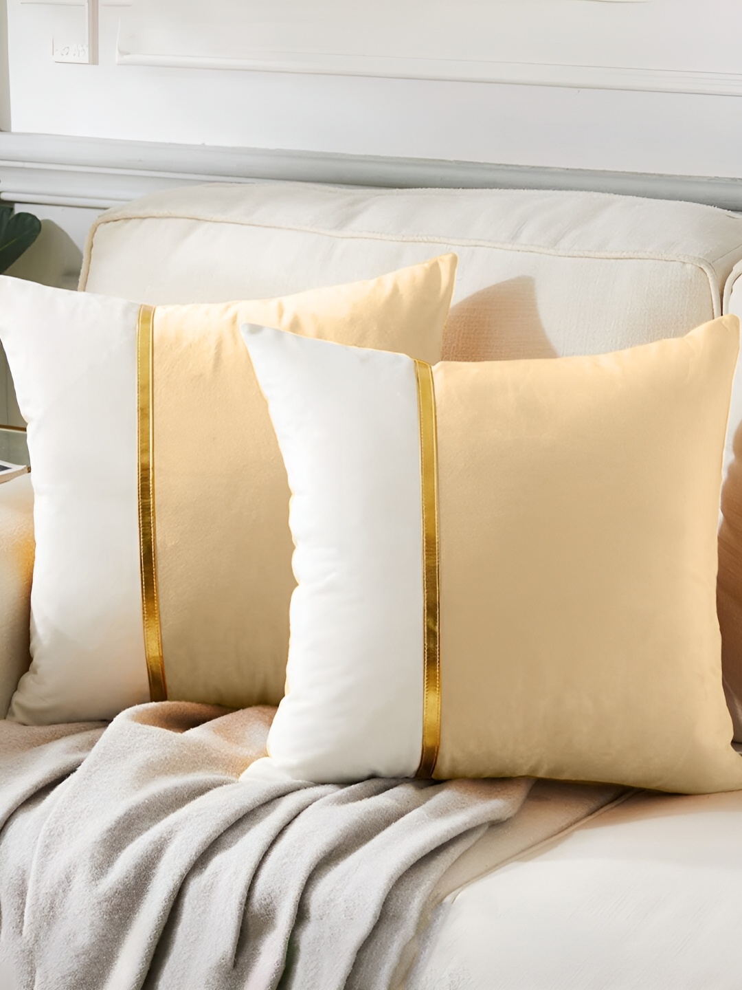 

AEROHAVEN Cream Coloured & White 2 Pcs Colourblocked Velvet Square Cushion Covers