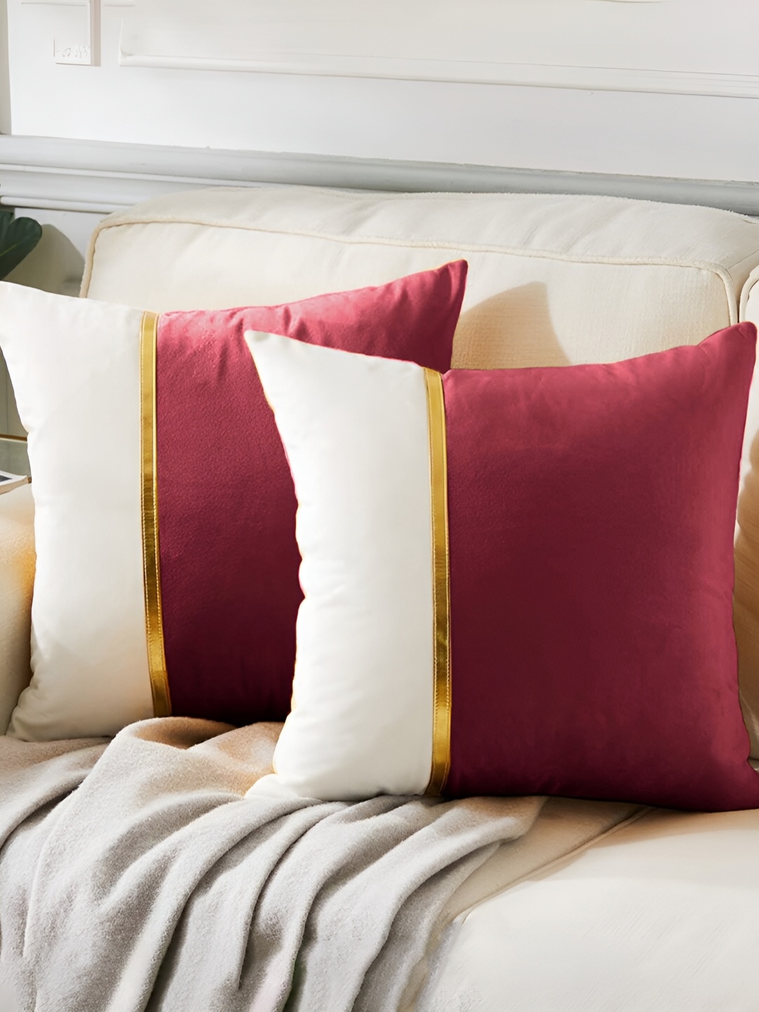 

AEROHAVEN Red & White 2 Pcs Colourblocked Velvet Square Cushion Covers