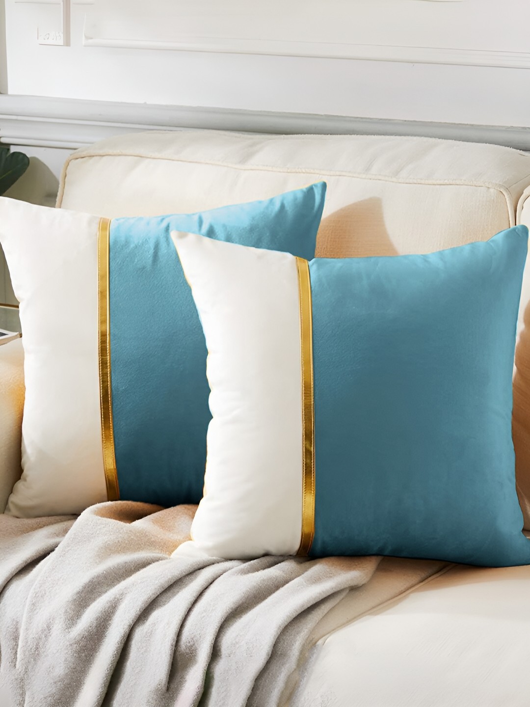 

AEROHAVEN Blue & White 2 Pcs Colourblocked Velvet Square Cushion Covers