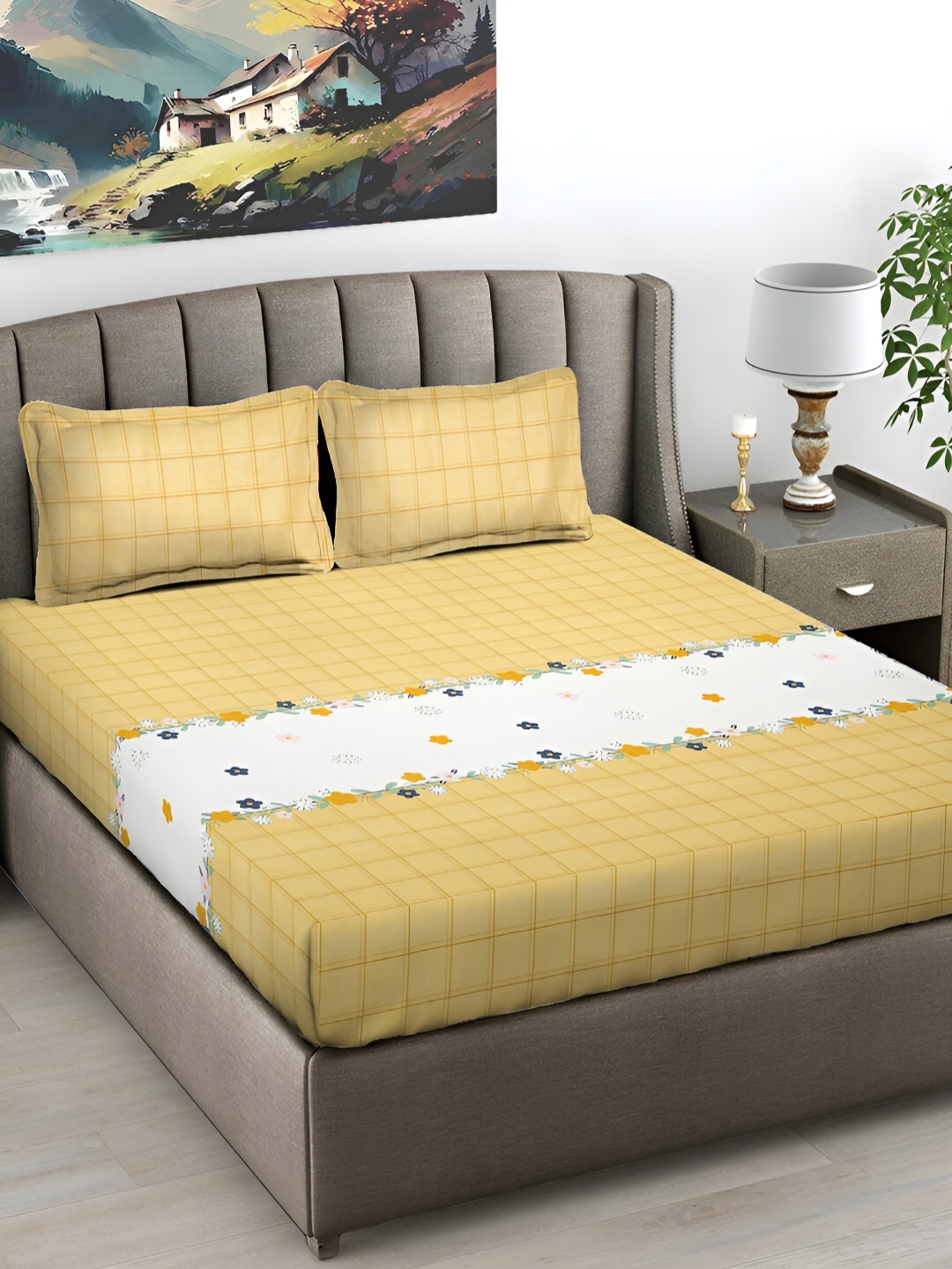 

FABINALIV Yellow & White Geometric Print 300 TC King Size Bedsheet & 2 Pillow Covers