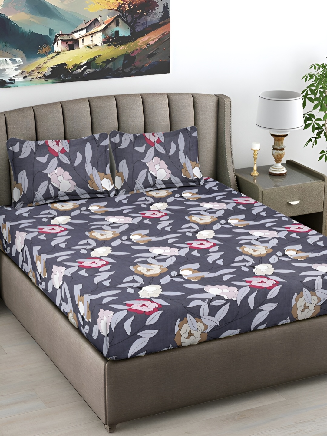 

FABINALIV Blue & White Floral 300 TC Flat King Bedsheet with 2 Pillow Covers