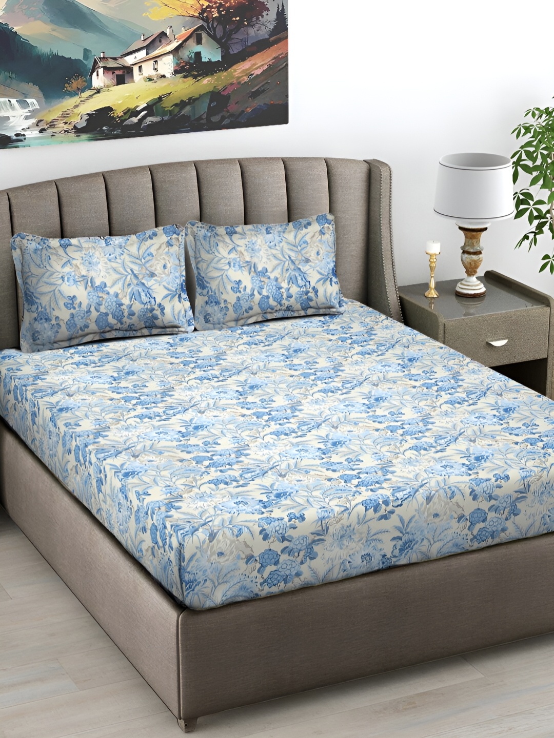 

FABINALIV Grey & Blue Floral Print 300 TC King Size Bedsheet & 2 Pillow Covers