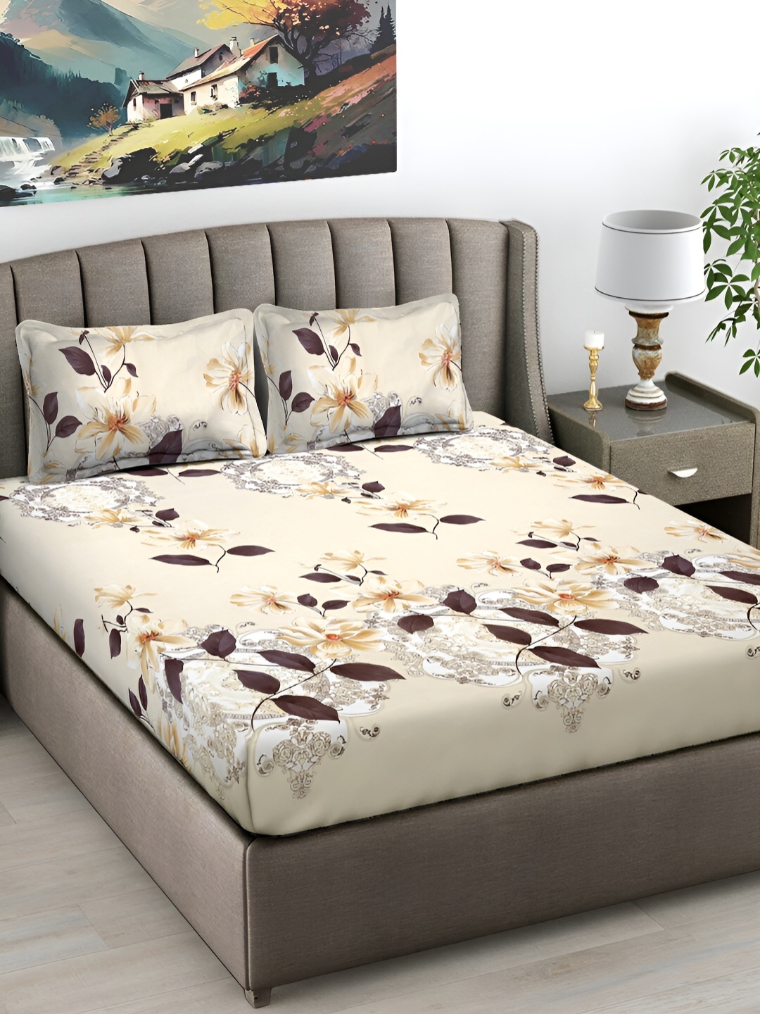 

FABINALIV Beige & White Ethnic Motifs 300 TC Flat King Bedsheet with 2 Pillow Covers