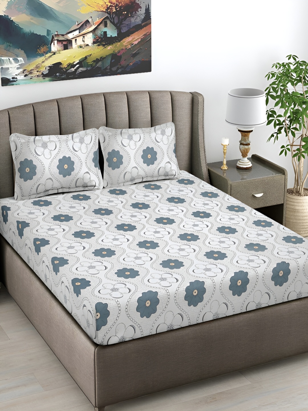 

FABINALIV White & Grey Floral Print 300 TC King Size Bedsheet & 2 Pillow Covers