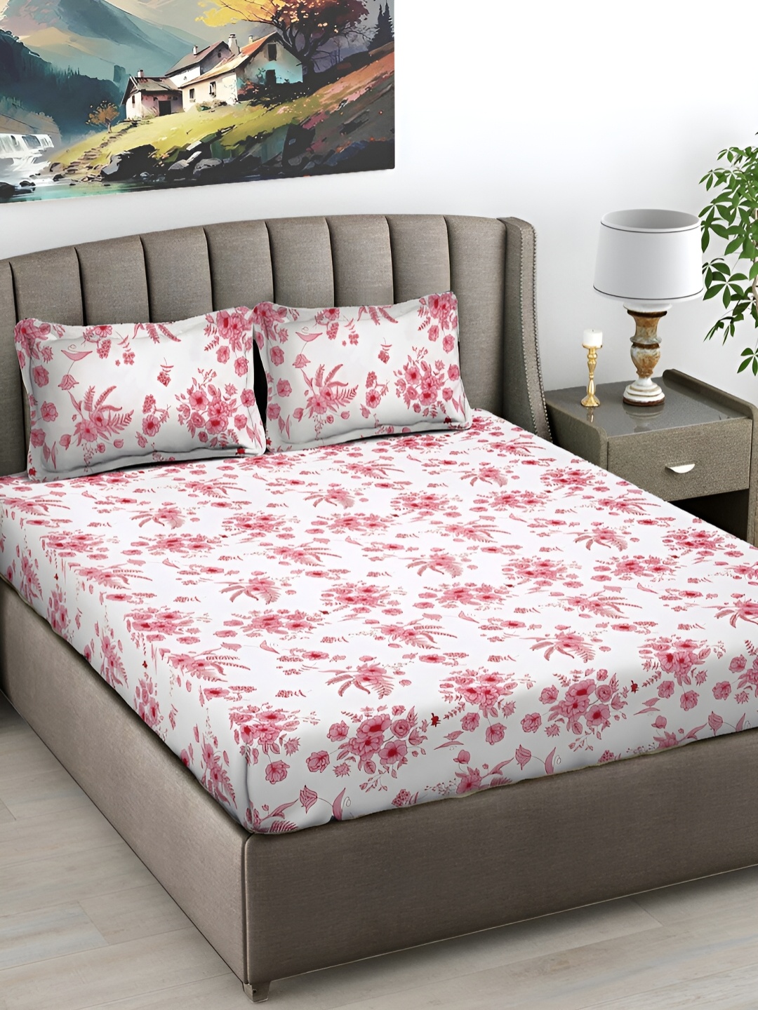 

FABINALIV White & Red Floral 300 TC Flat King Bedsheet with 2 Pillow Covers