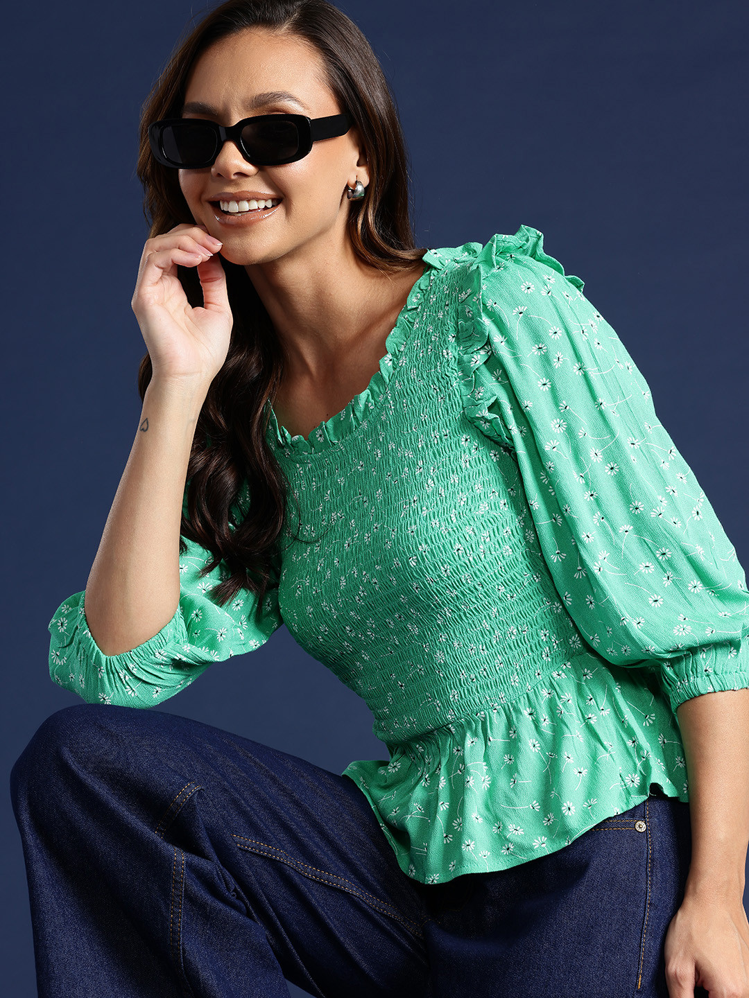 

Mast & Harbour Floral Print Puff Sleeve Smocked Peplum Top, Green