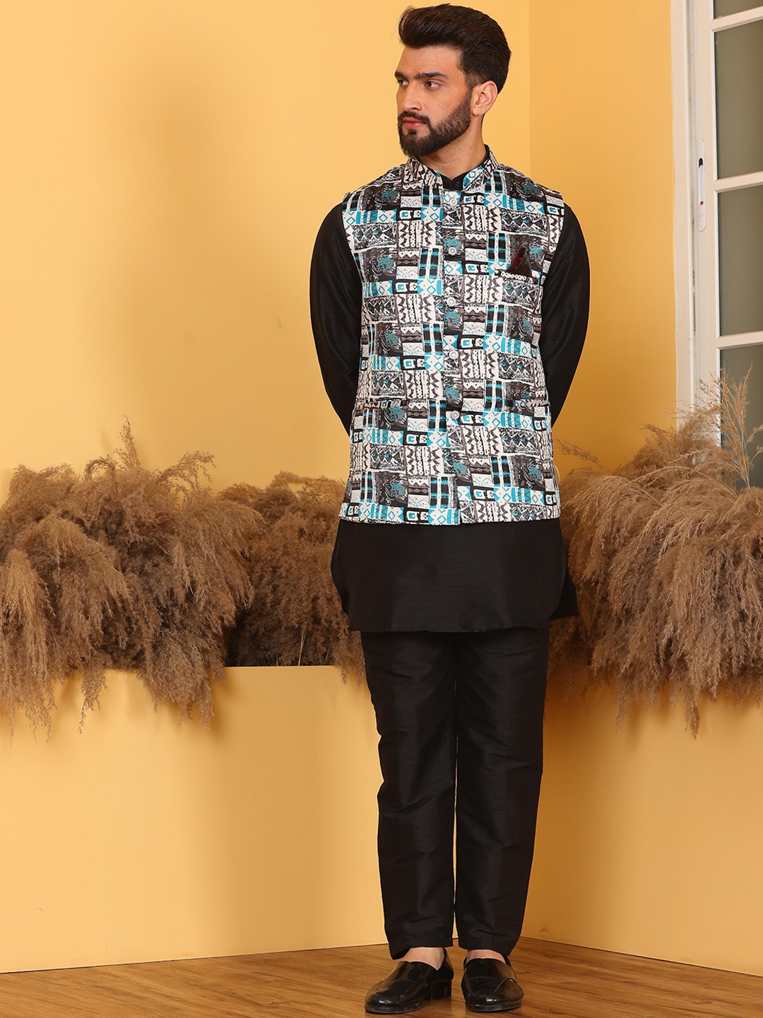 

Armaan Ethnic Mandarin Collar Straight Kurta & Pyjama With Nehru Jacket, Black