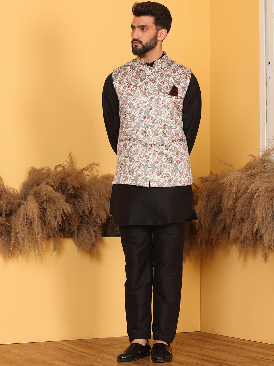 

Armaan Ethnic Mandarin Collar Straight Kurta & Pyjama With Nehru Jacket, Black