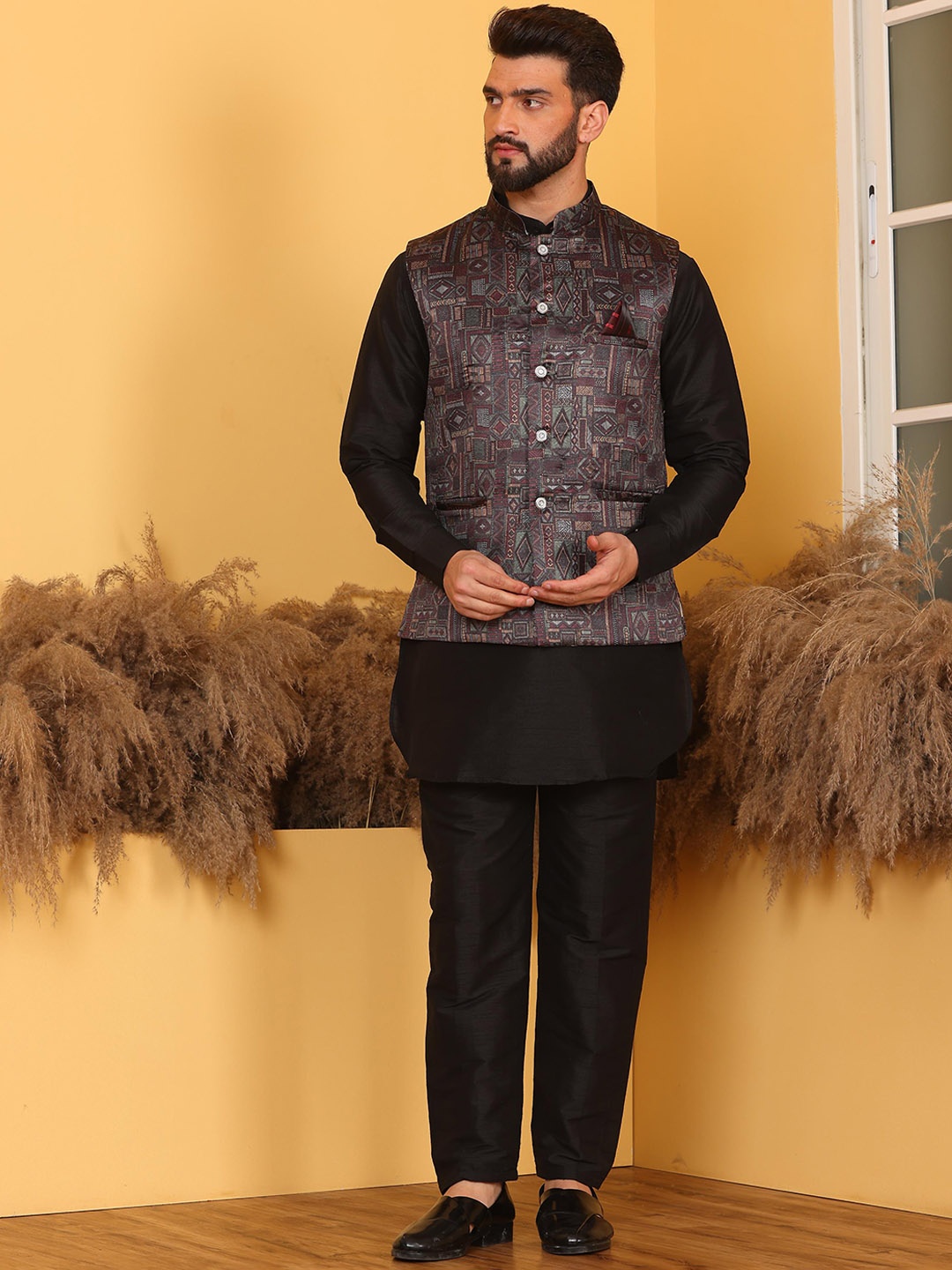 

Armaan Ethnic Mandarin Collar Regular Kurta With Pyjama & Nehru Jacket, Black