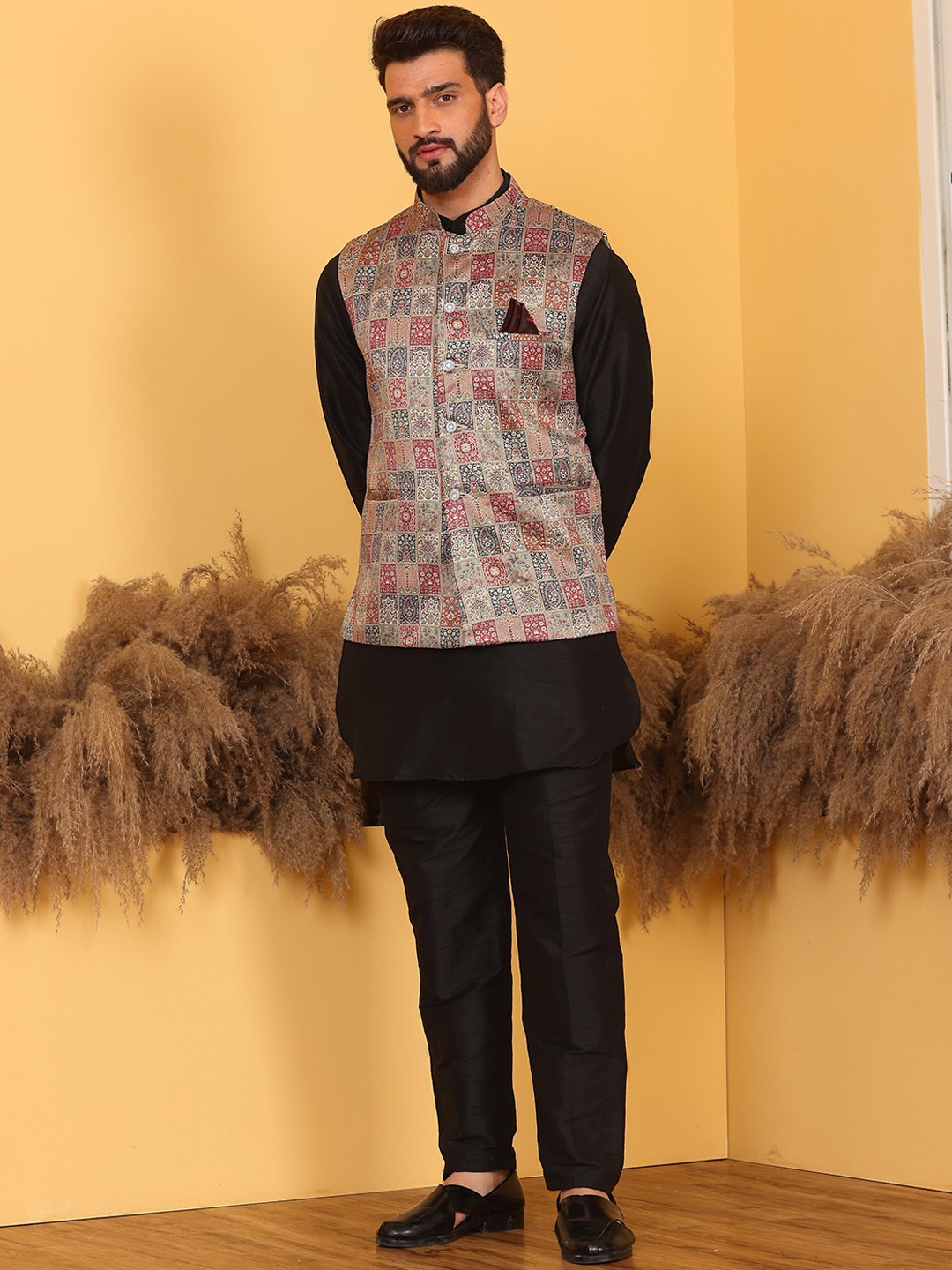 

Armaan Ethnic Long Sleeves Mandarin Collar Kurta With Churidar & Nehru jacket, Black