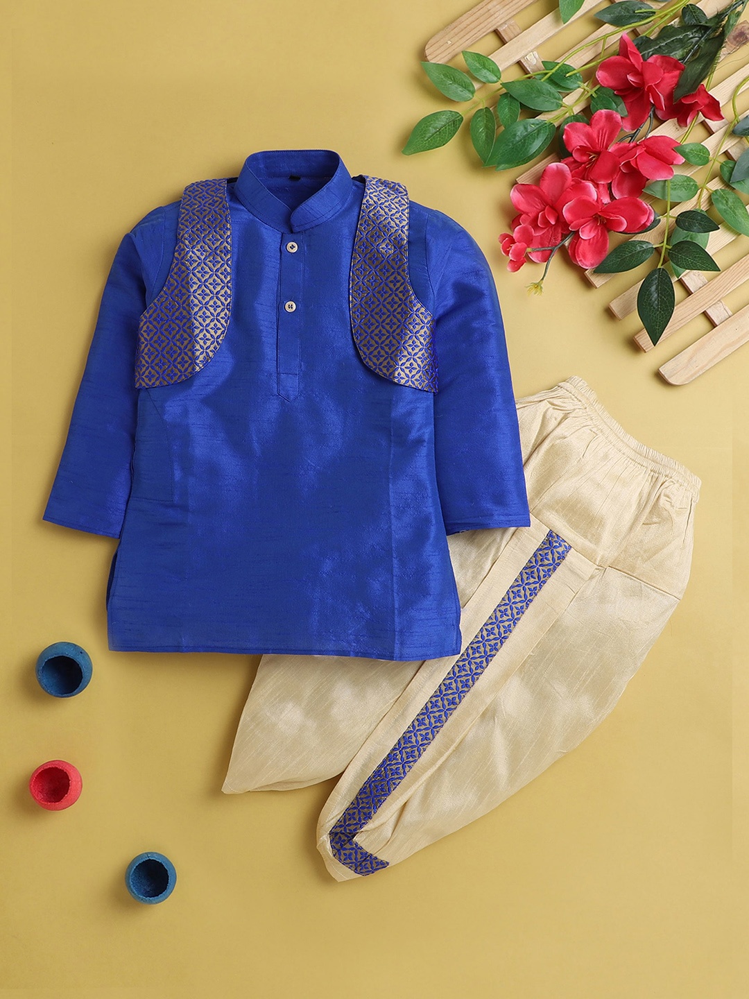 

BAESD Boys Mandarin Collar Silk Cotton Straight Kurta & Dhoti Pant With Jacket, Navy blue