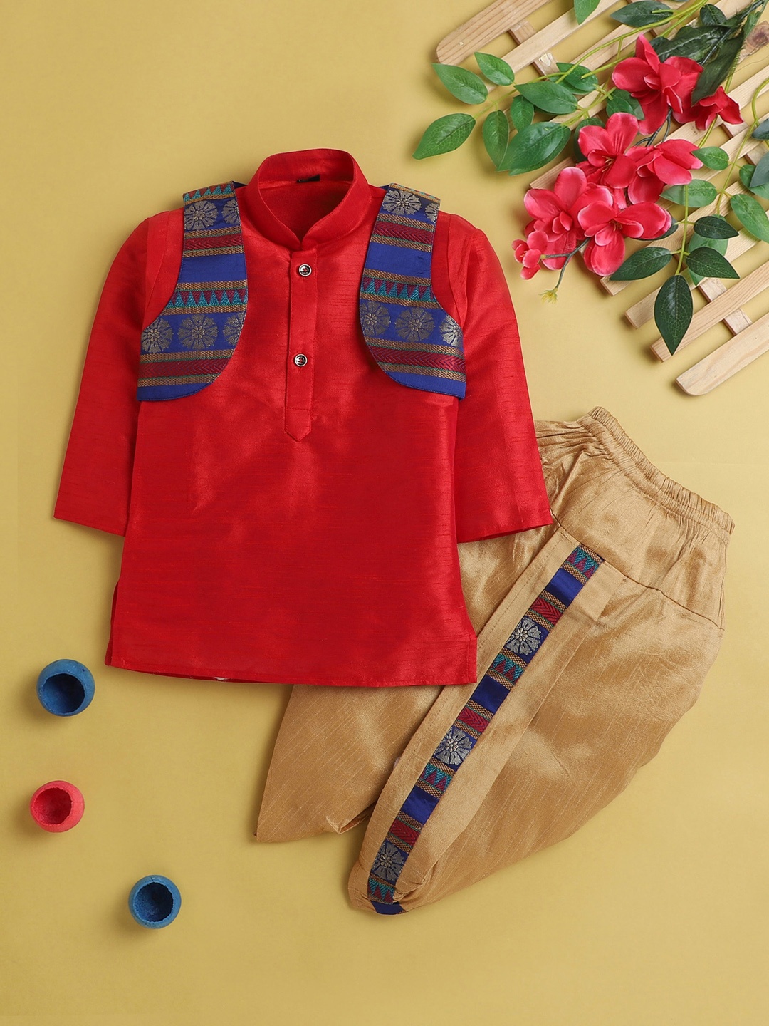 

BAESD Boys Mandarin Collar Regular Kurta With Dhoti Pants & Jacket, Red