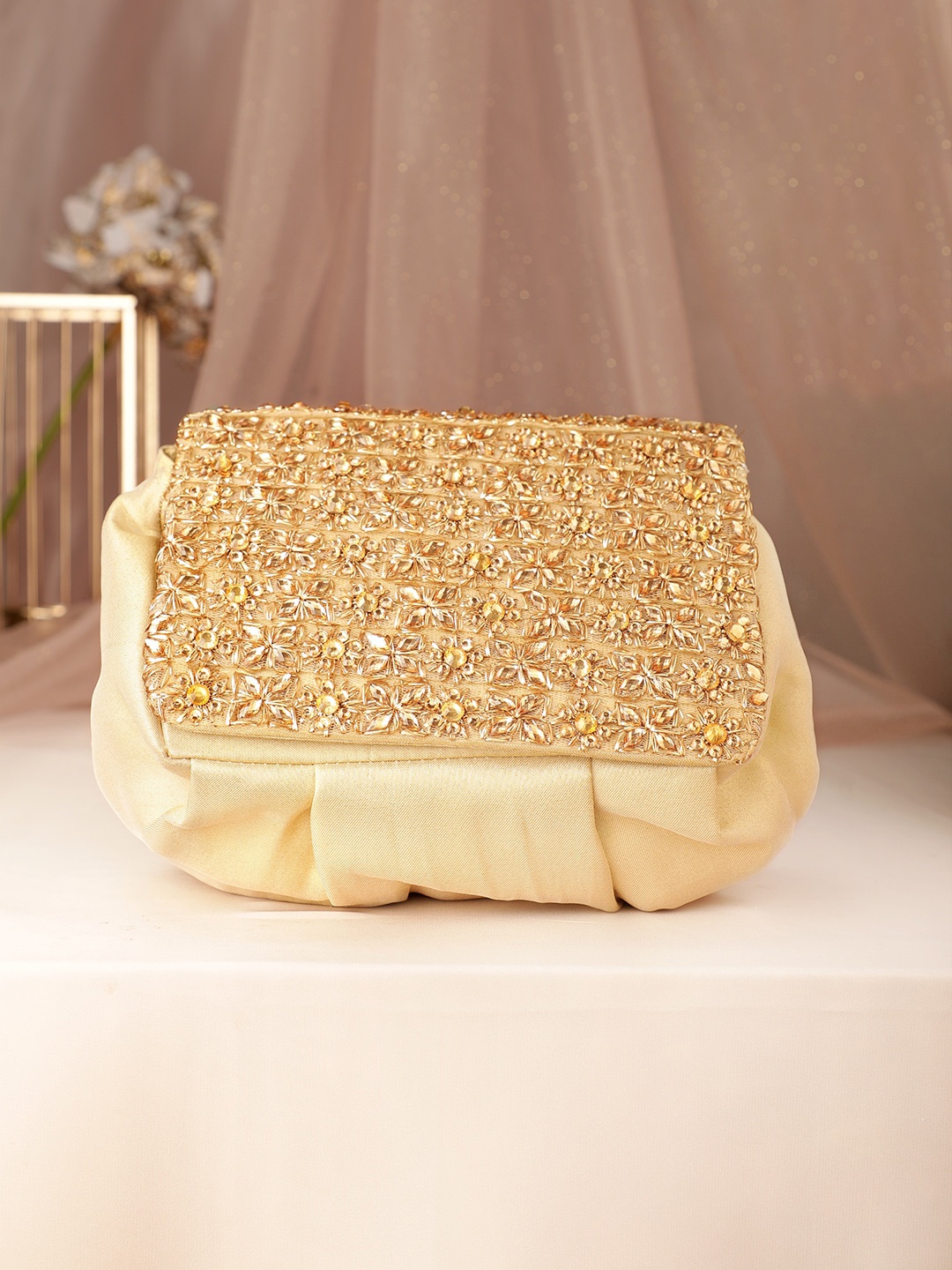 

Rubans Embellished Structured Handheld Bag, Gold