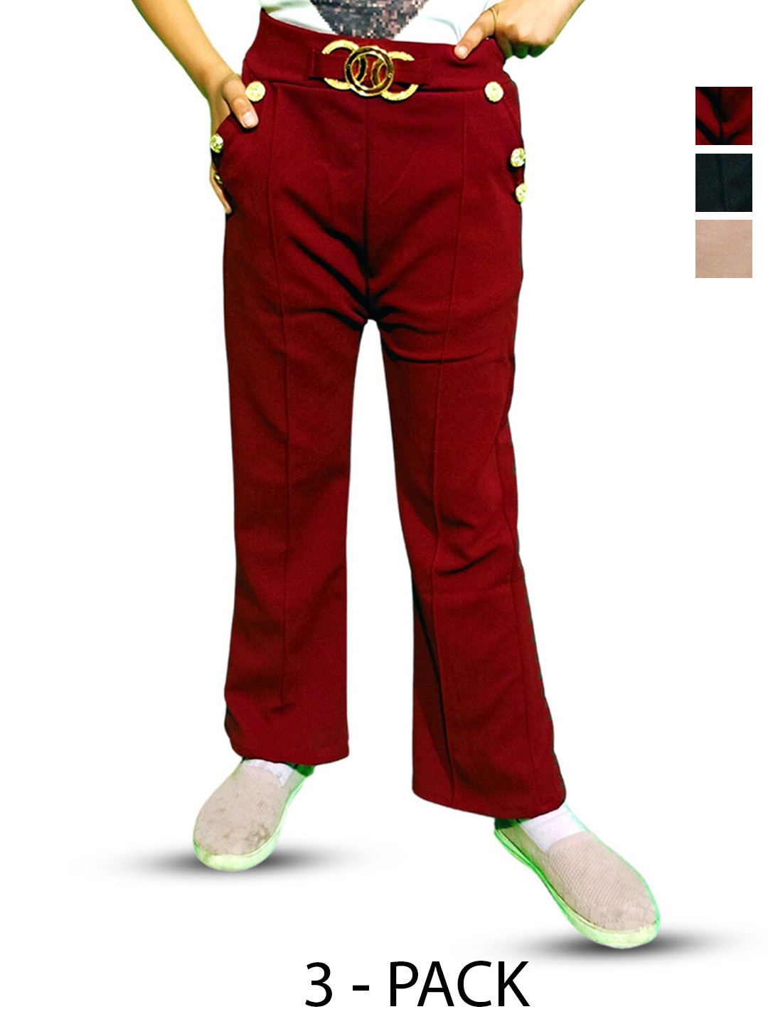 

BAESD Girls Set Of 3 Mid-Rise Trousers, Maroon