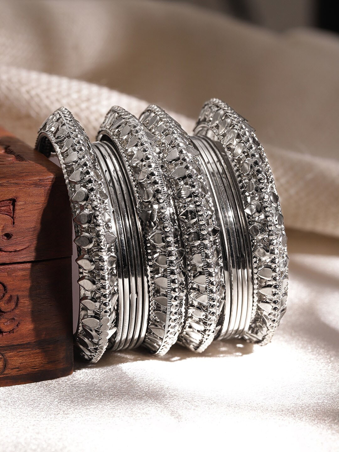 

Rubans Silver Plated Handcrafted Traditional Rhinestone Embellished Bangles Set of 14