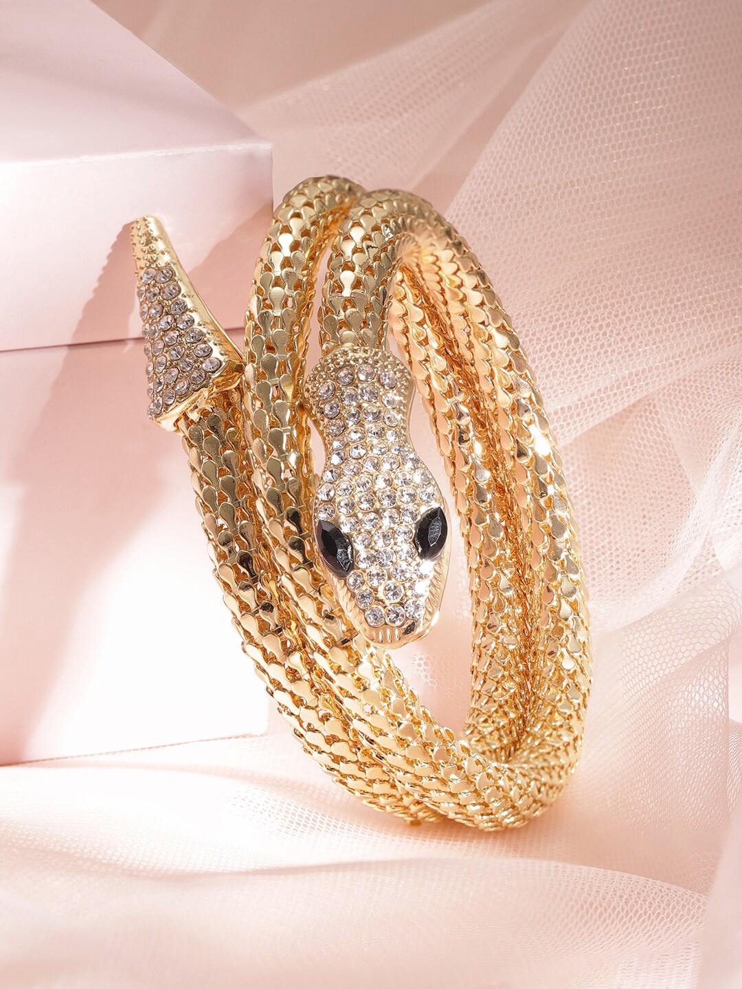 

Rubans Voguish Brass Wraparound Snake Shape Cz Studded Waterproof Bracelet, Gold