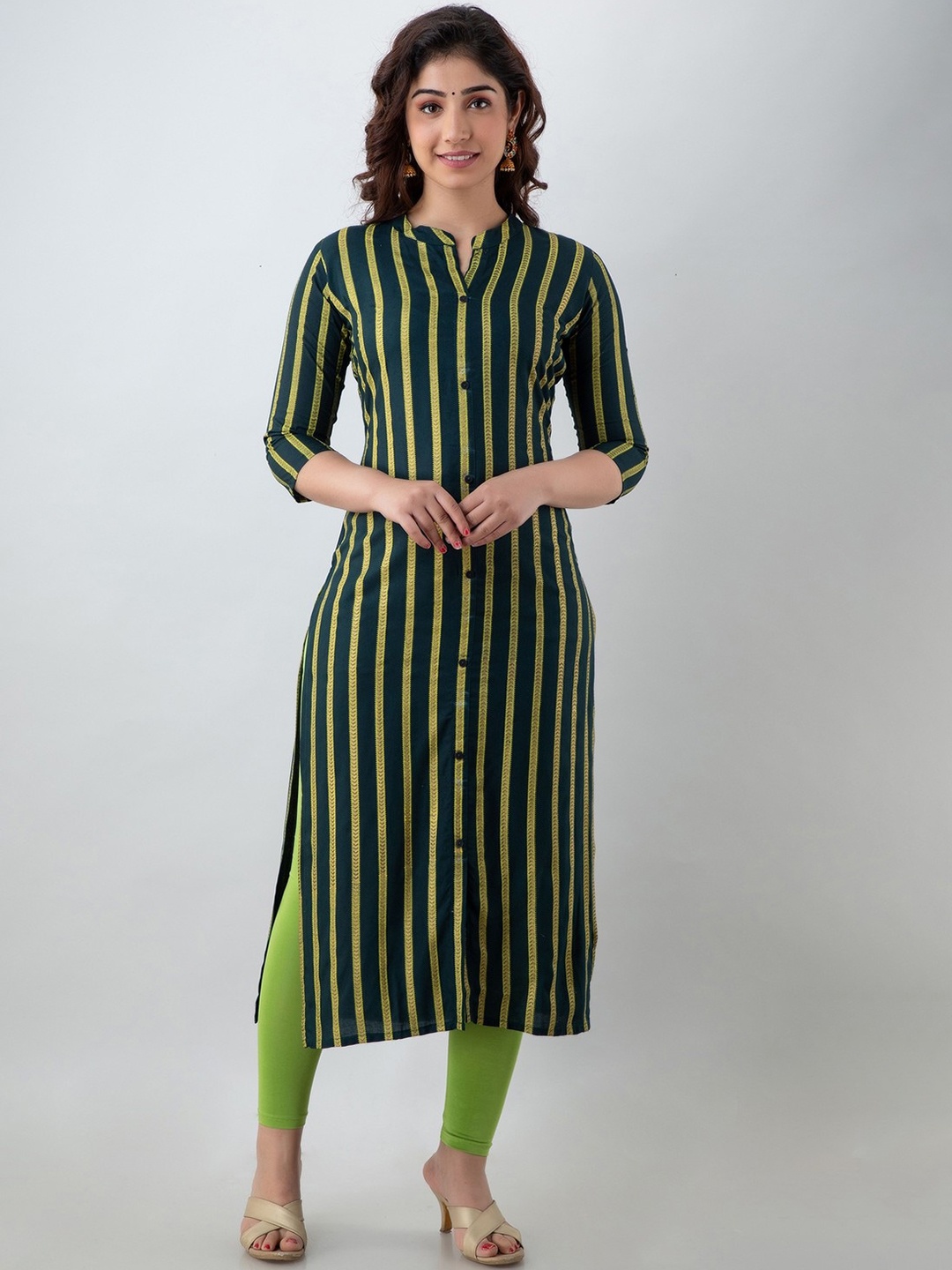 

PARIKSHIT Mandarin Collar Three Quarter Sleeves Striped Kurta, Blue