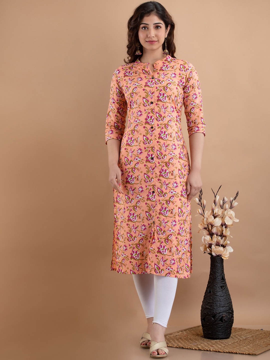 

PARIKSHIT Mandarin Collar three Quarter Sleeves Floral Printed Kurta, Yellow