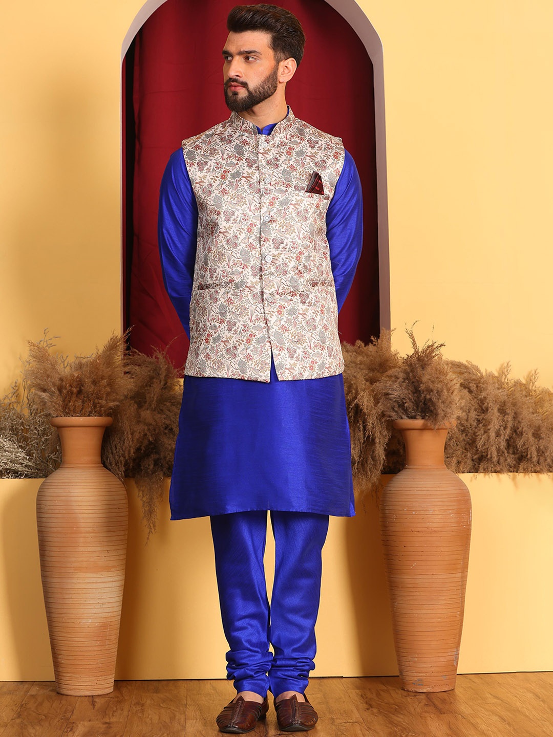 

Armaan Ethnic Mandarin Collar Straight Kurta & Churidar With Nehru Jacket, Blue