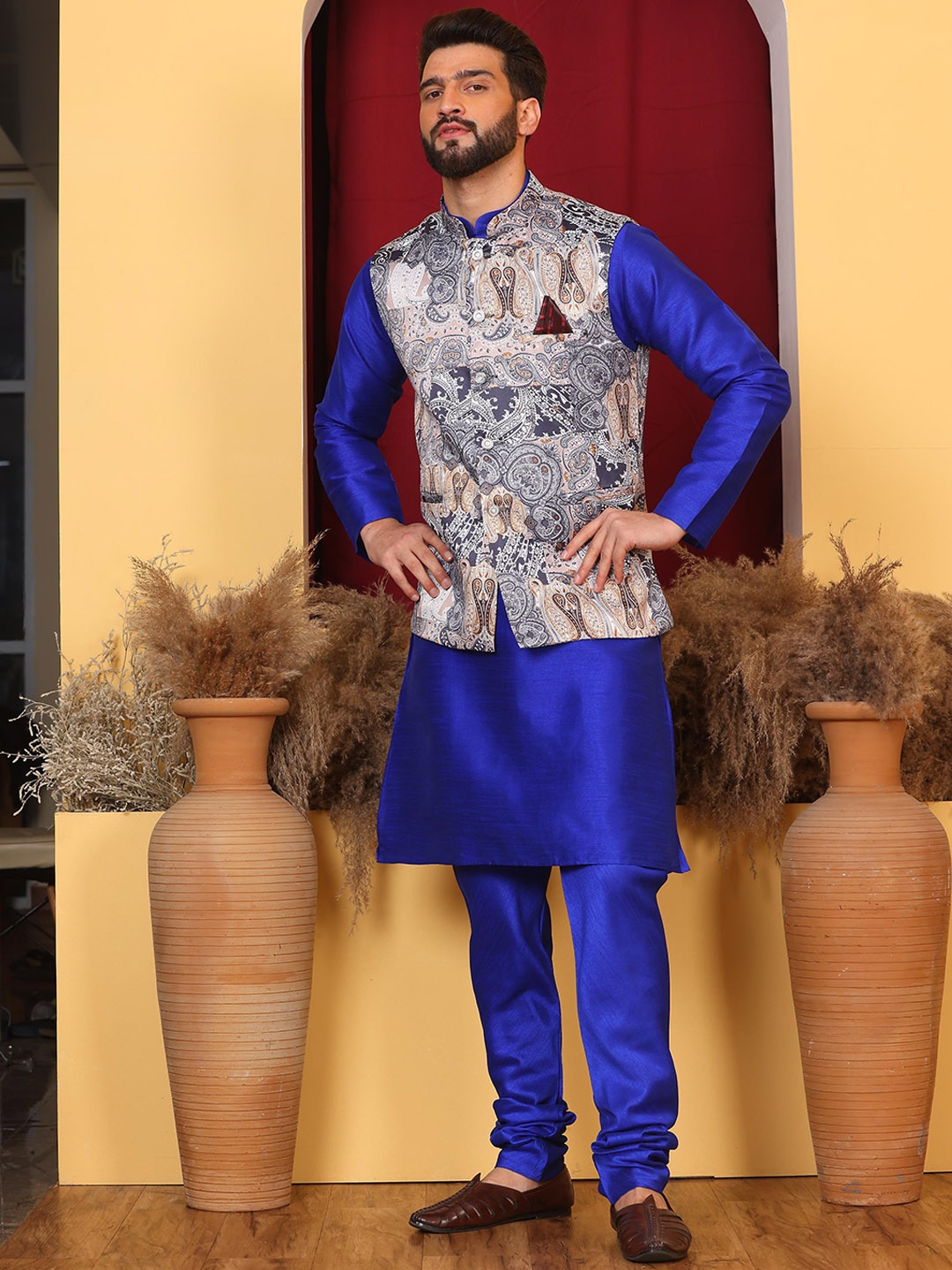 

Armaan Ethnic Mandarin Collar Straight Kurta & Churidar With Nehru Jacket, Blue