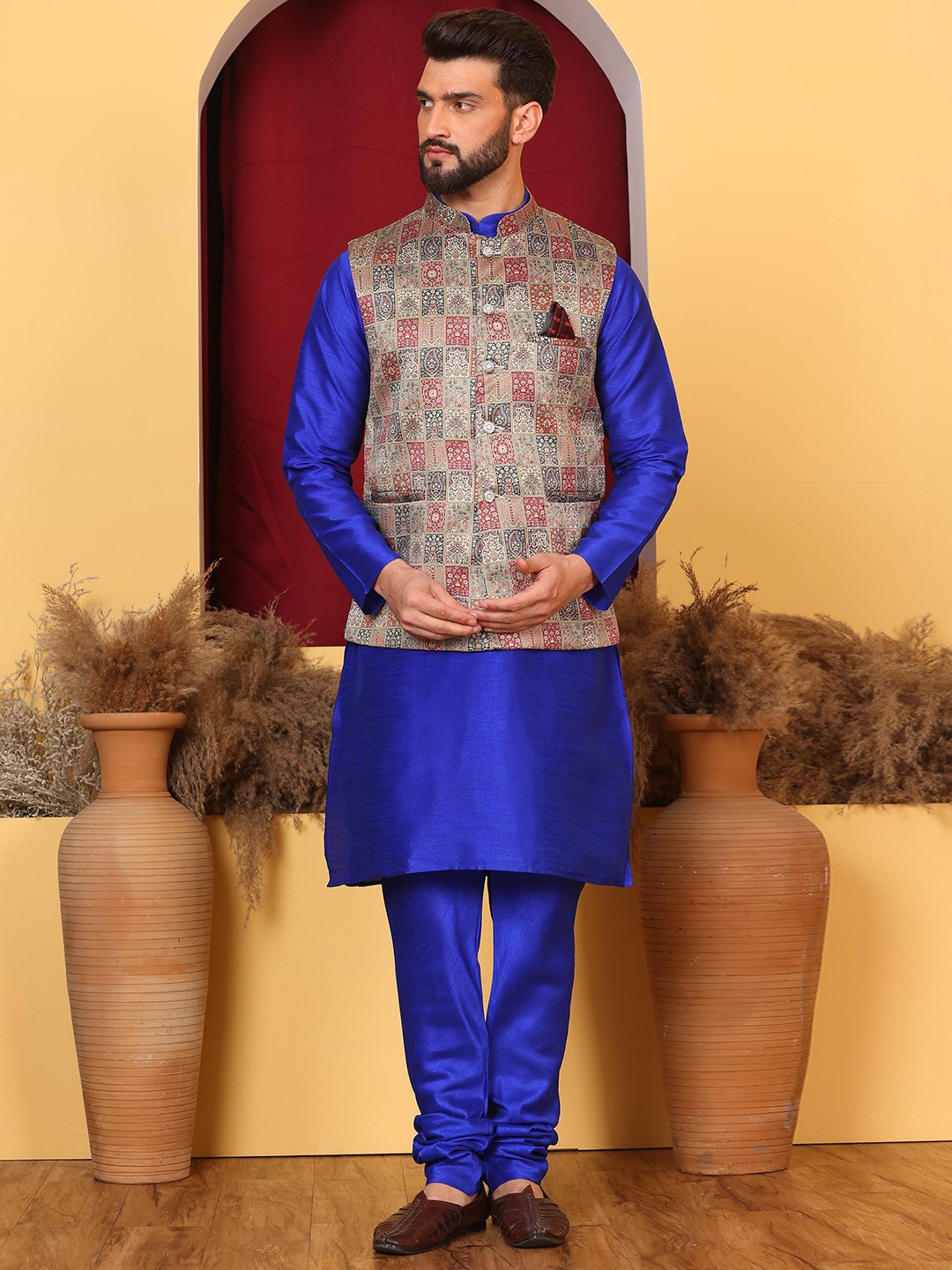 

Armaan Ethnic Mandarin Collar Straight Kurta & Churidar With Nehru Jacket, Blue