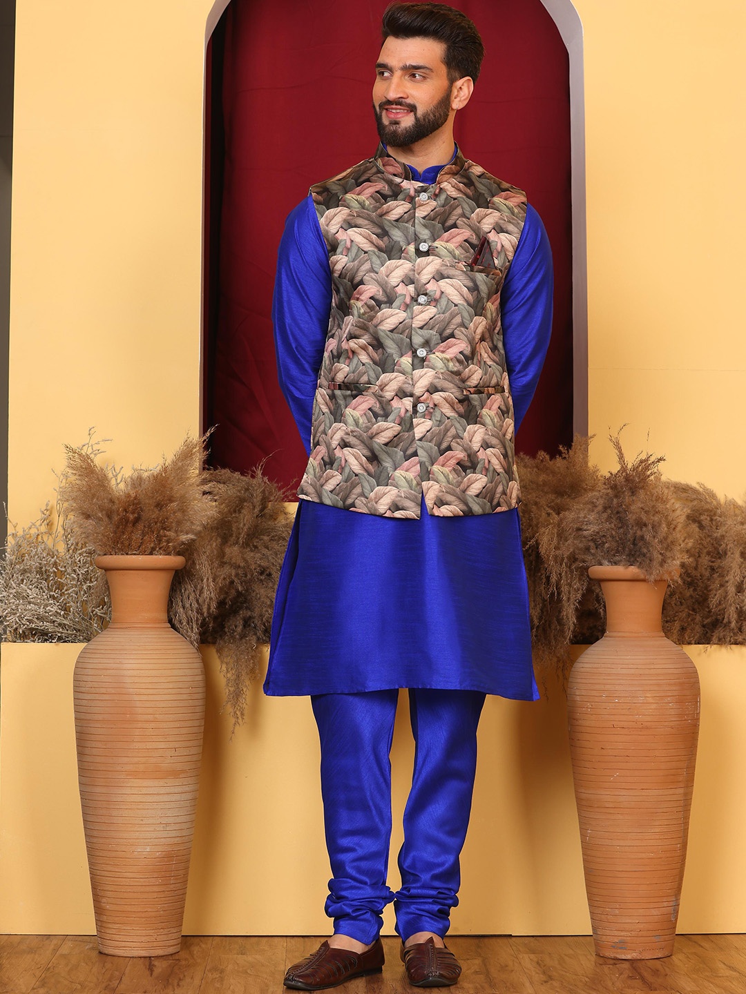 

Armaan Ethnic Mandarin Collar Straight Kurta & Churidar With Nehru Jacket, Blue