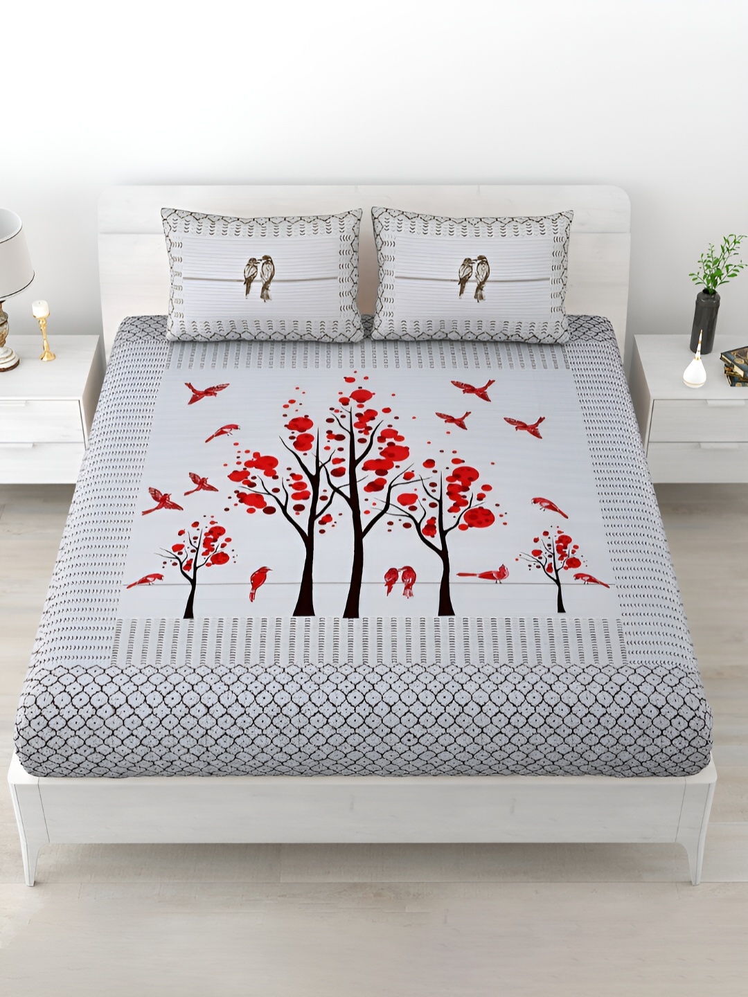 

POORAK Grey & Red Floral Printed Cotton 186 TC Fitted King Bedsheet With 2 Pillow Covers