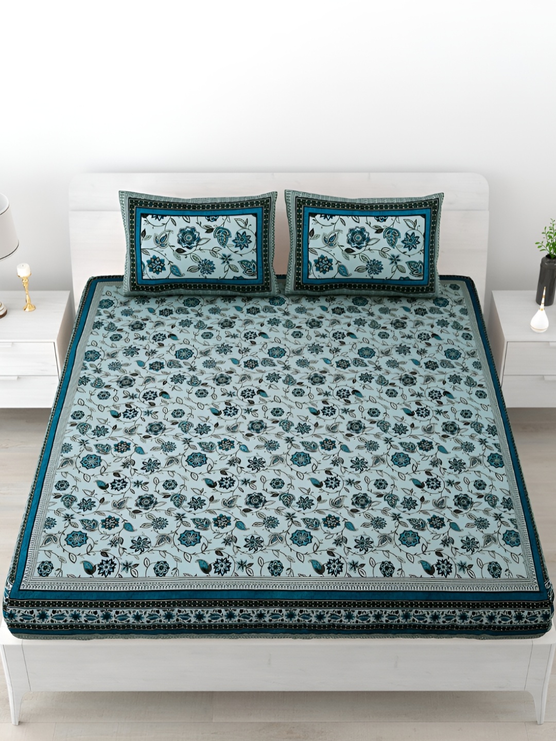 

POORAK Green & Grey Floral Printed 186 TC King Bedsheet with 2 Pillow Covers