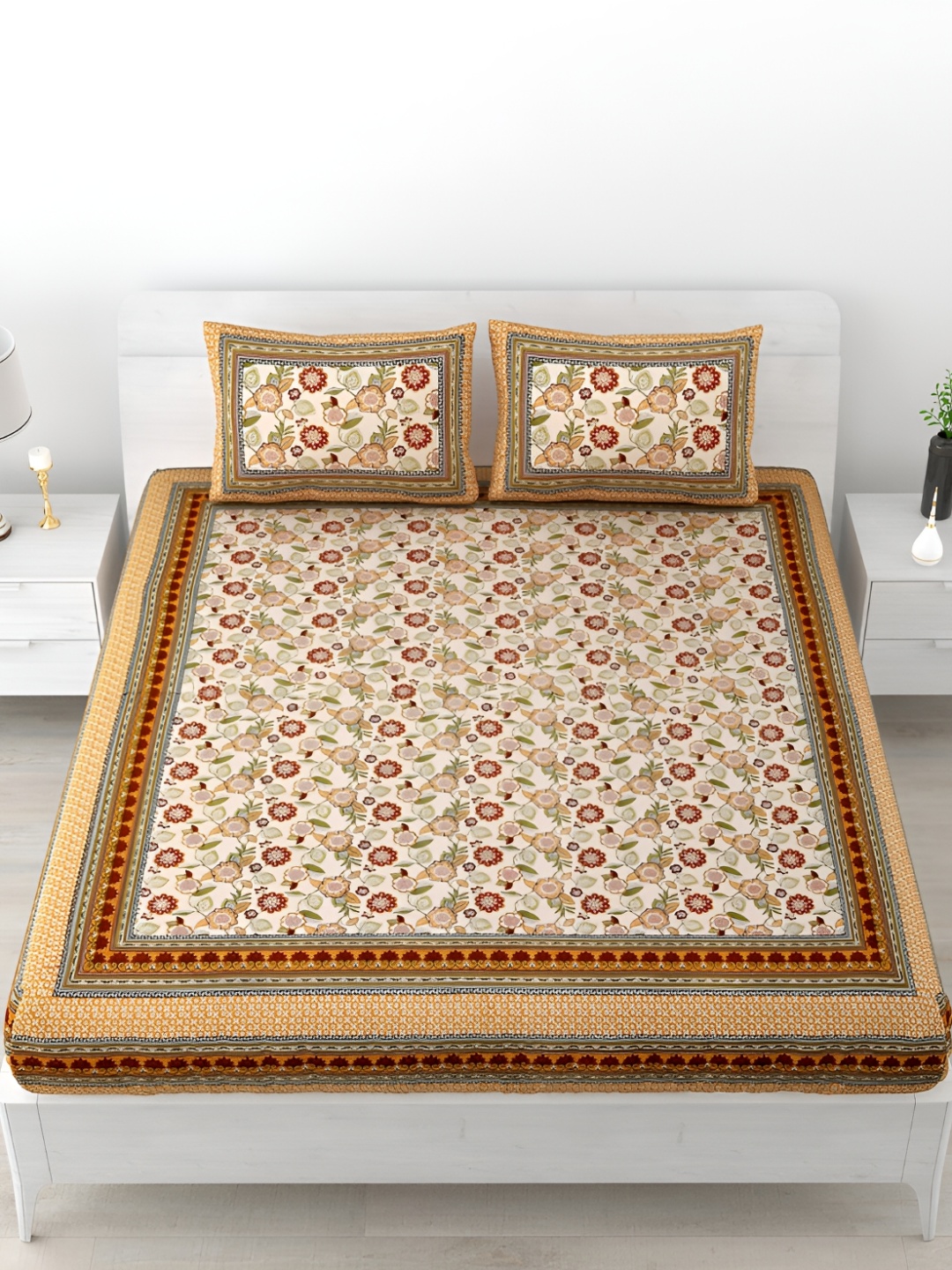 

POORAK Yellow & Green Floral Printed 186 TC King Bedsheet with 2 Pillow Covers