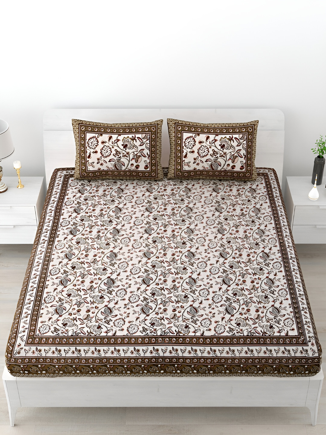 

POORAK Brown & White Floral Printed 186 TC King Bedsheet with 2 Pillow Covers