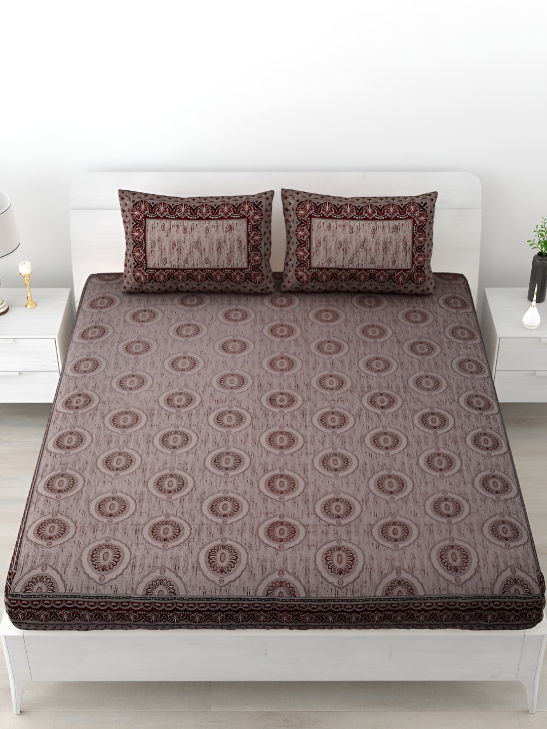 

POORAK Brown Ethnic Motifs Printed 186 TC King Bedsheet with 2 Pillow Covers