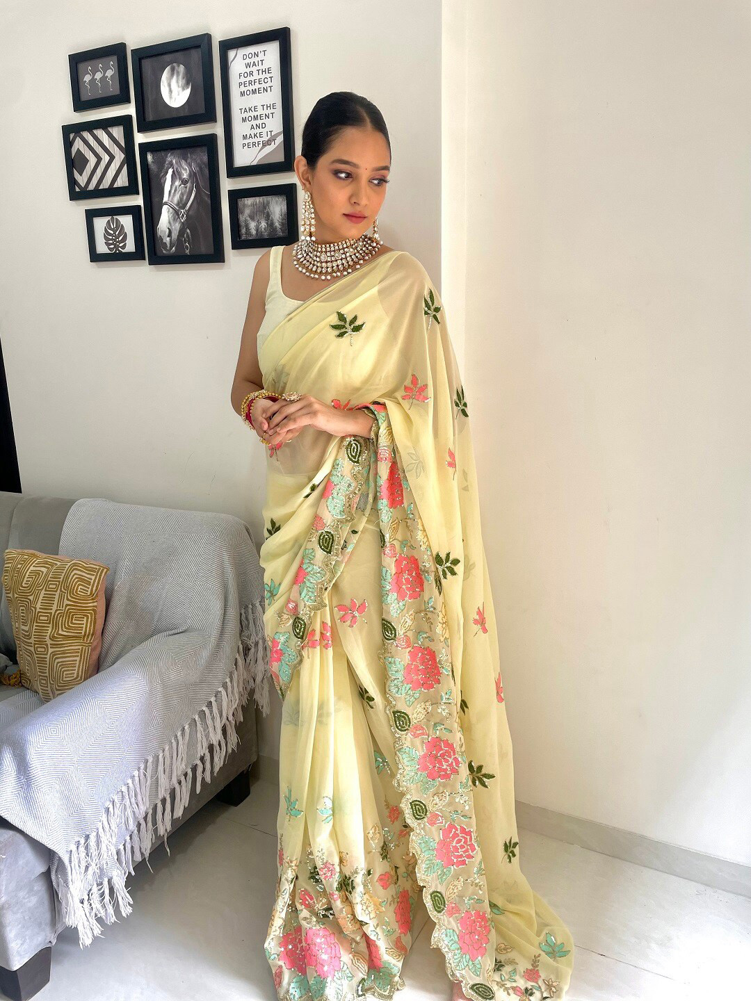 

Kalista Floral Embroidered Sequinned Saree, Yellow