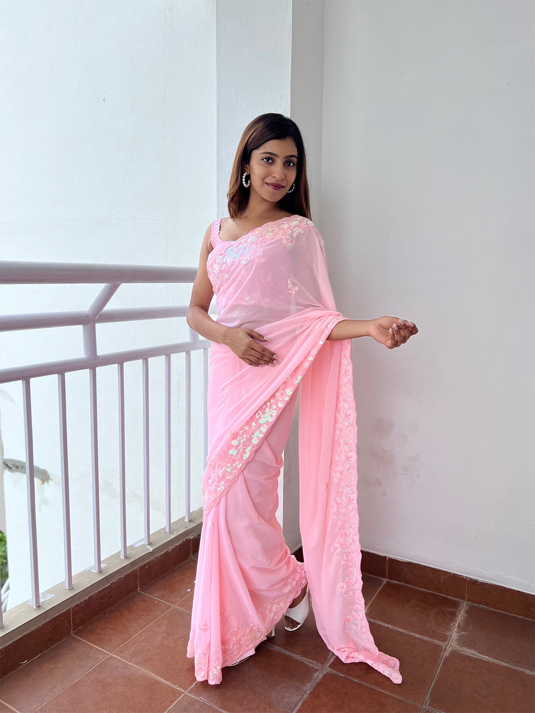 

Kalista Floral Embroidered Sequinned Saree, Pink