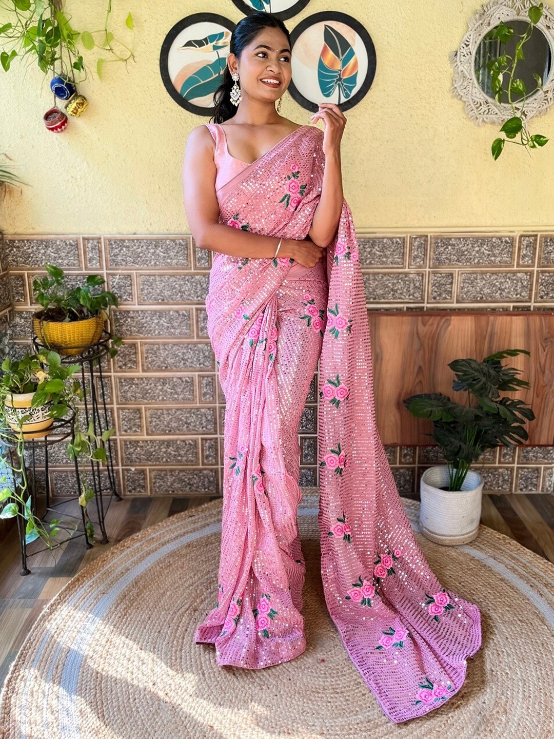 

Kalista Floral Embellished Sequinned Saree, Pink