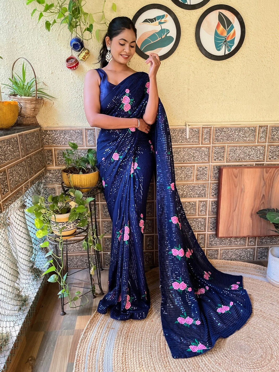 

Kalista Floral Embellished Sequinned Saree, Navy blue