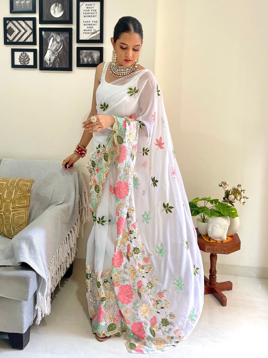 

Kalista Floral Embroidered Sequinned Saree, White