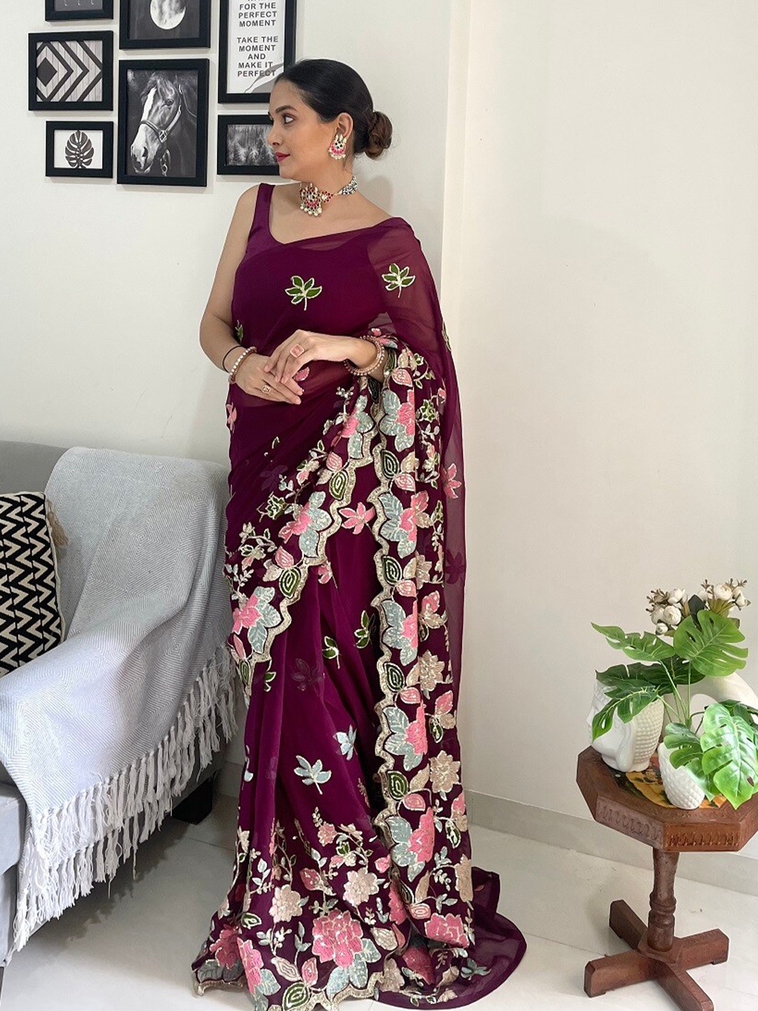 

Kalista Floral Embroidered Sequinned Saree, Purple