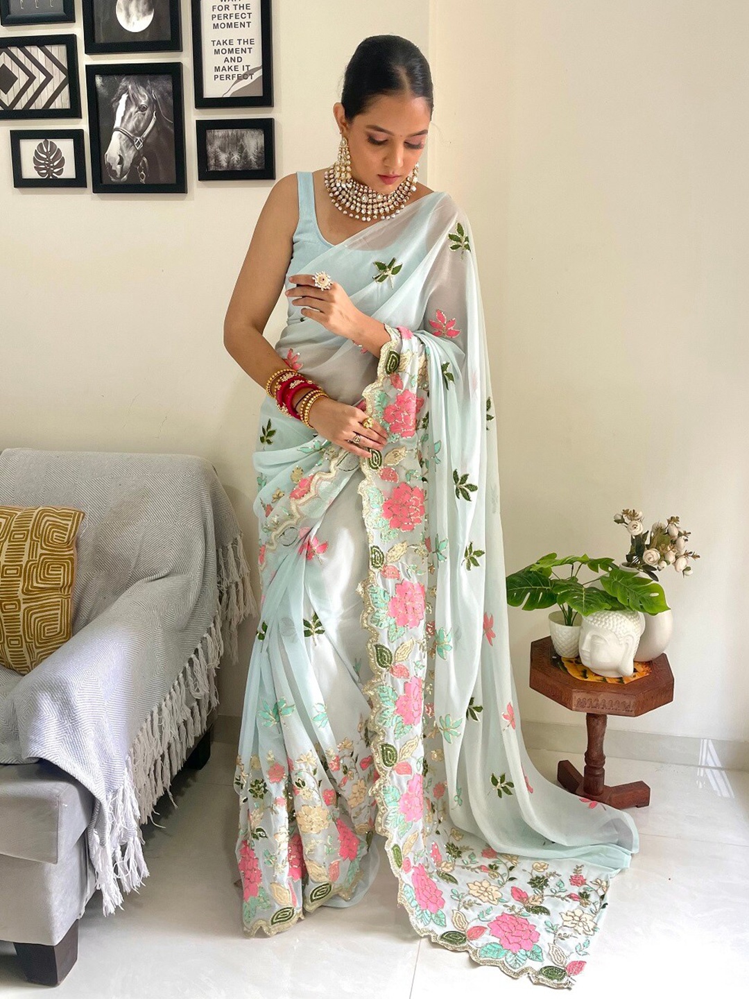 

Kalista Floral Embroidered Sequinned Saree, Blue