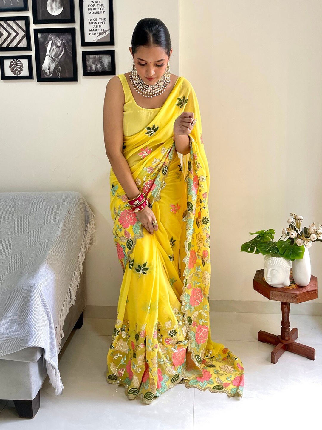 

Kalista Floral Embroidered Sequinned Saree, Yellow
