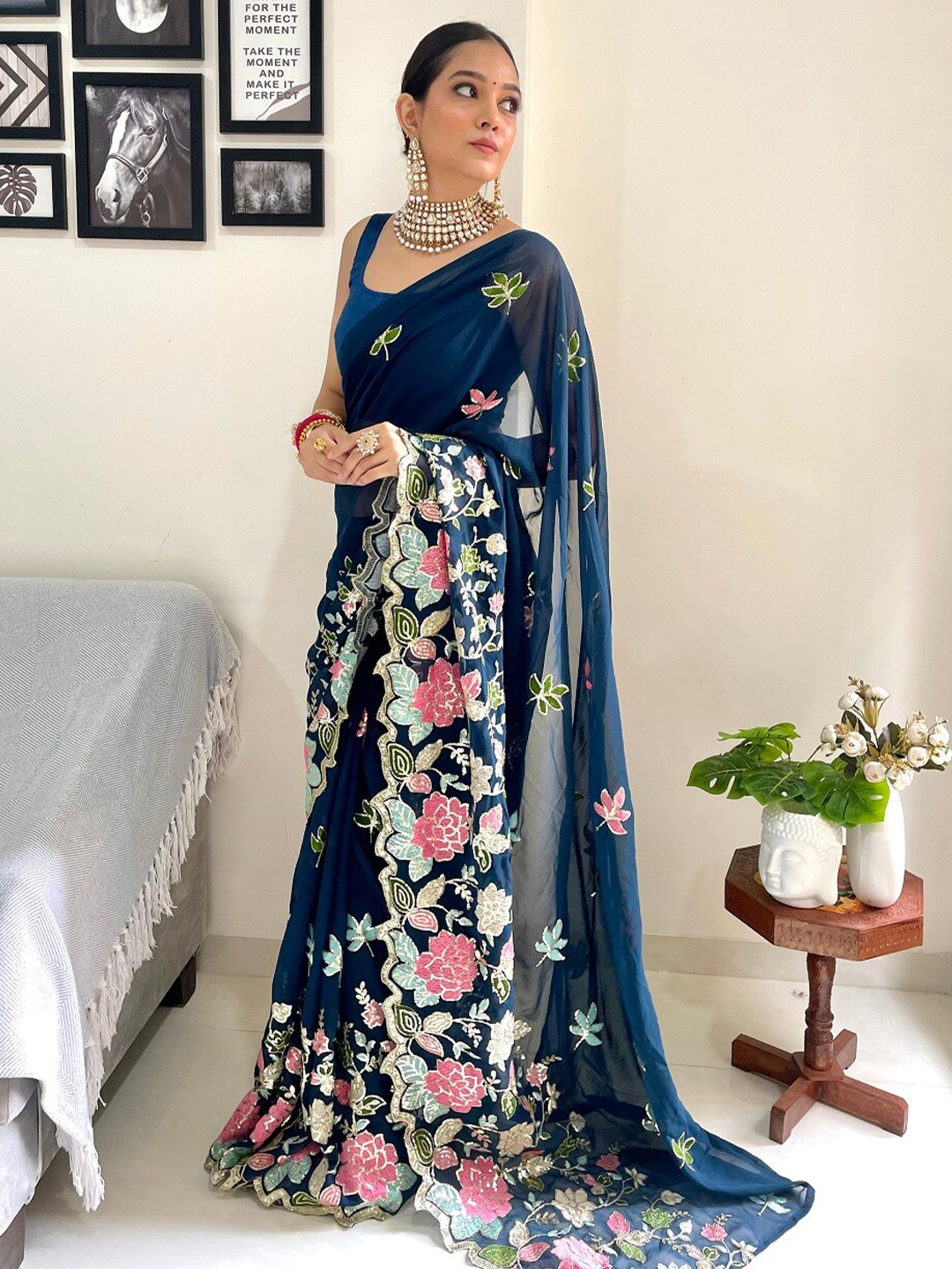 

Kalista Floral Embroidered Sequinned Saree, Teal