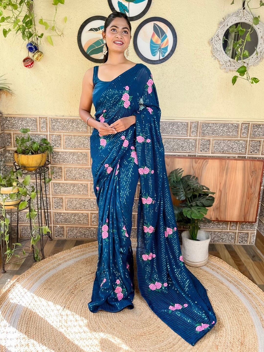 

Kalista Floral Embellished Sequinned Saree, Teal