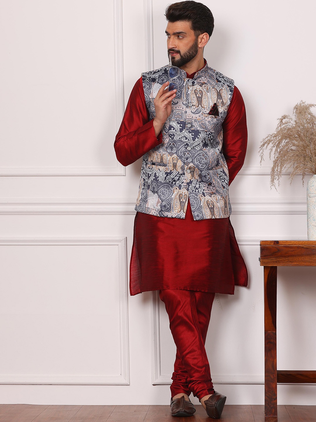 

Armaan Ethnic Mandarin Collar Straight Kurta & Churidar With Nehru Jacket, Maroon