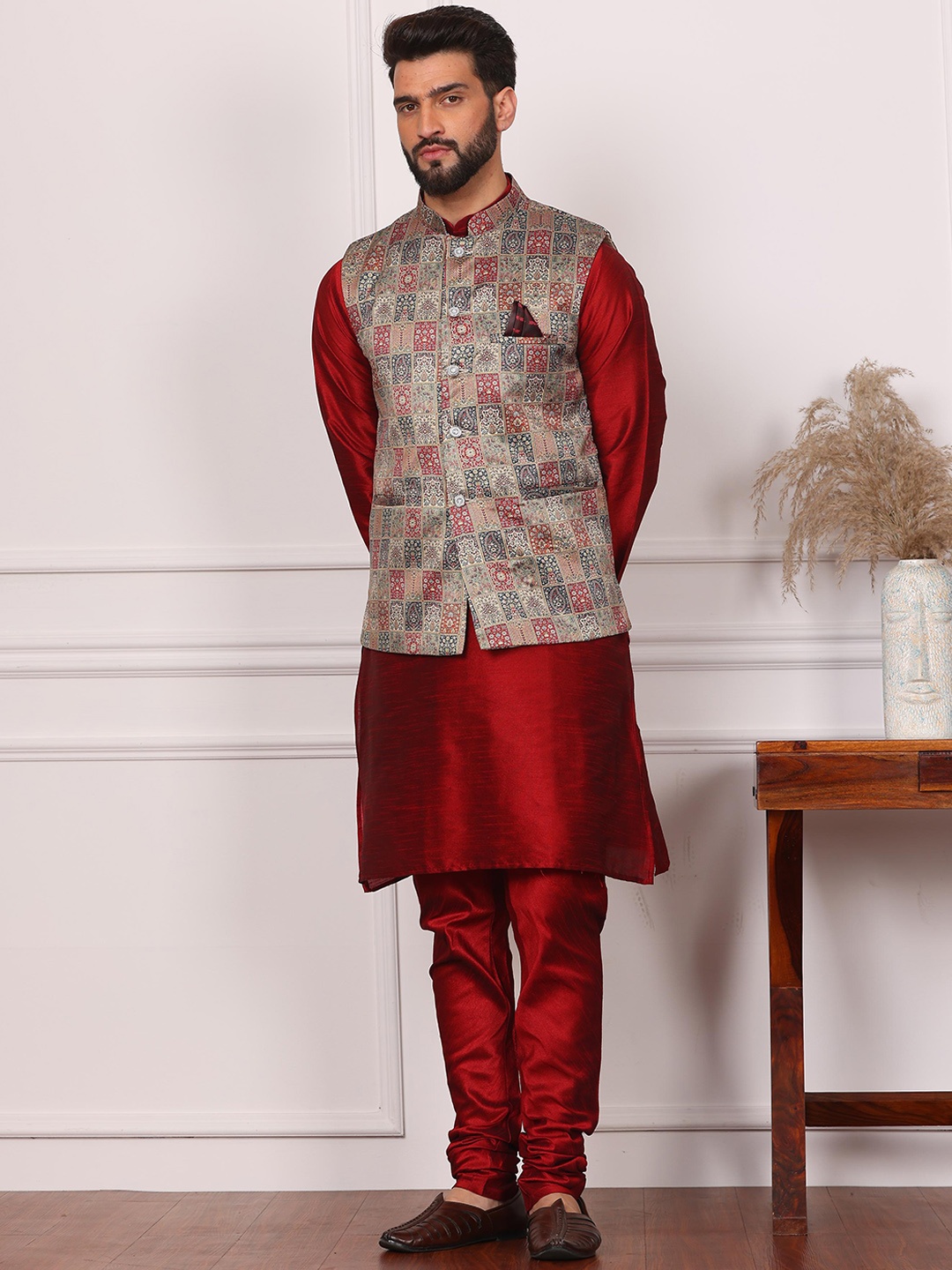 

Armaan Ethnic Mandarin Collar Straight Kurta & Churidar With Nehru Jacket, Maroon