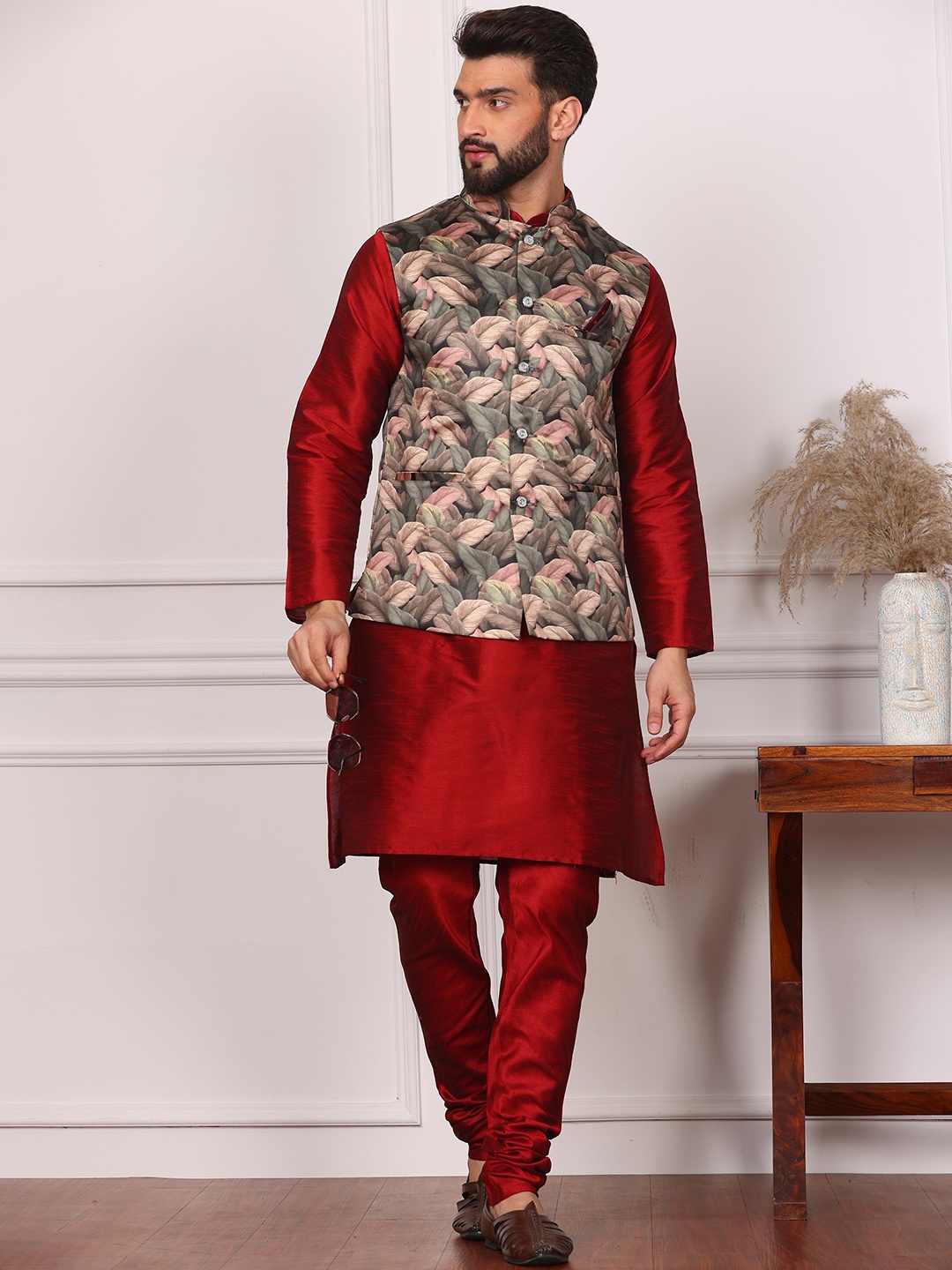 

Armaan Ethnic Mandarin Collar Kurta with Churidar & Nehru Jacket, Maroon