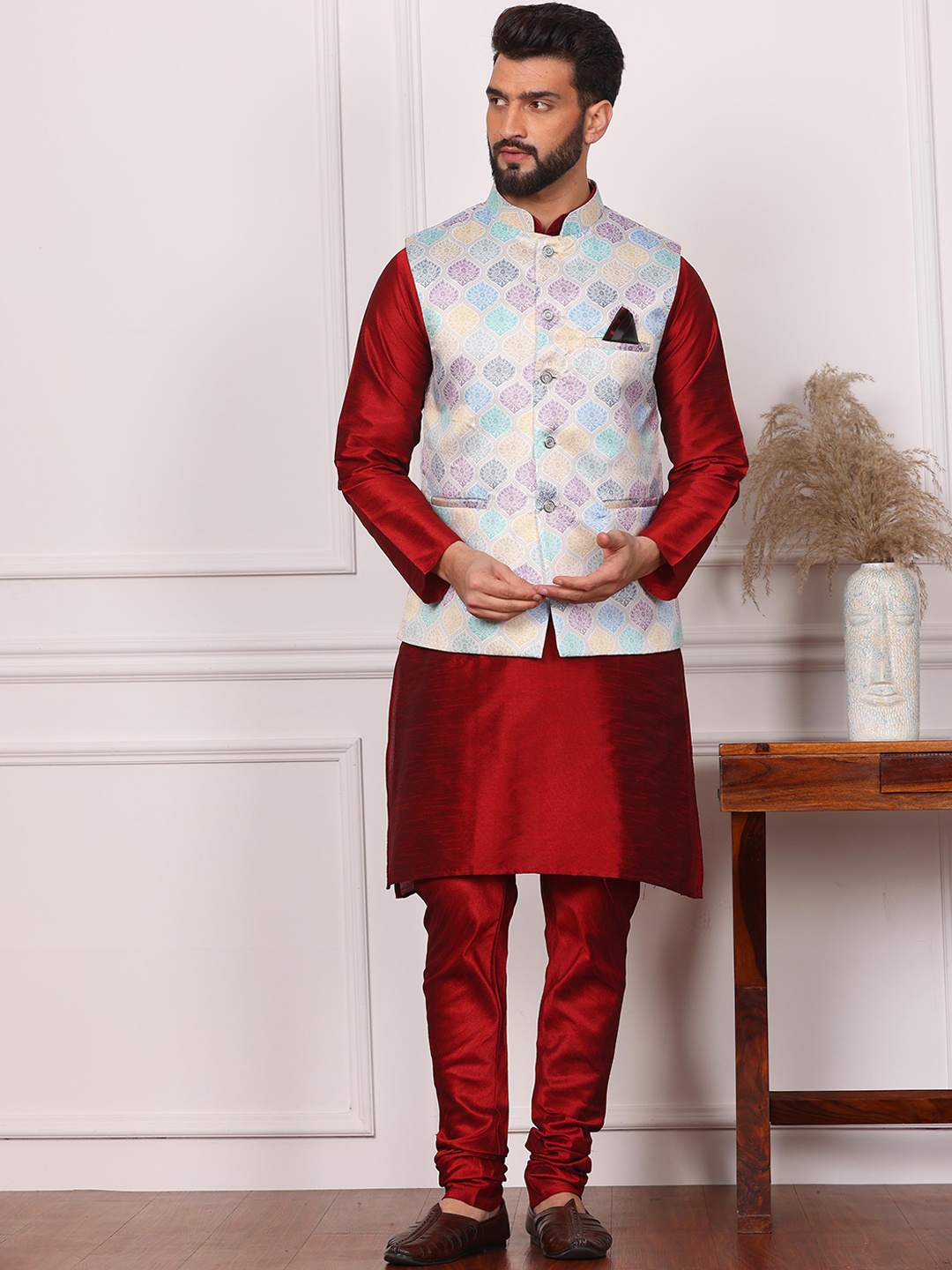 

Armaan Ethnic Mandarin Collar Straight Kurta & Churidar With Nehru Jacket, Maroon