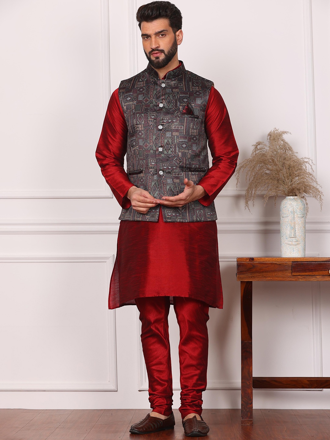 

Armaan Ethnic Mandarin Collar Straight Kurta & Churidar With Nehru Jacket, Maroon
