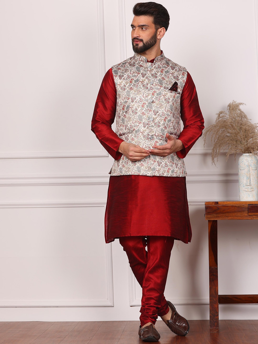 

Armaan Ethnic Mandarin Collar Straight Kurta & Churidar With Nehru Jacket, Maroon