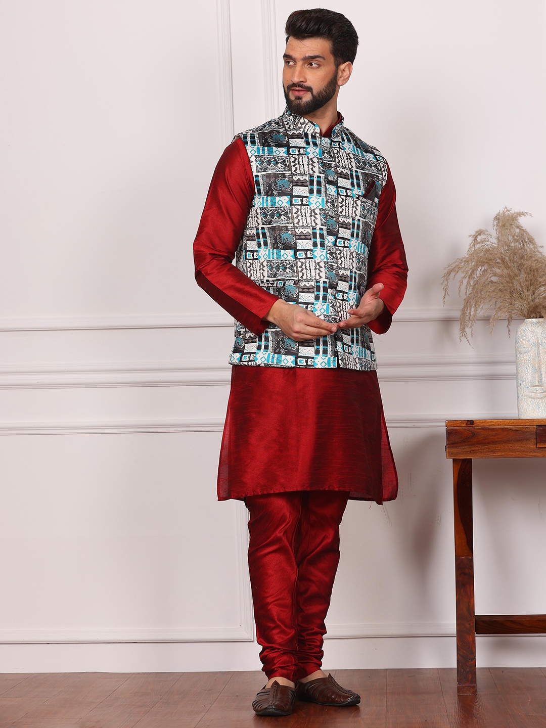 

Armaan Ethnic Mandarin Collar Straight Kurta & Churidar With Nehru Jacket, Maroon